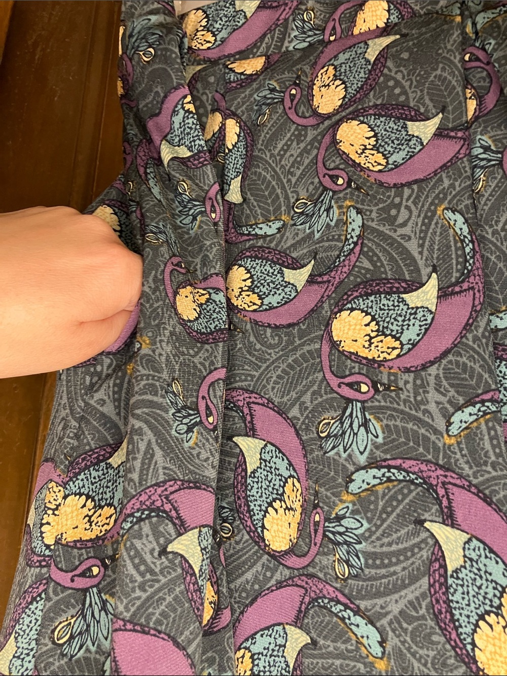 LuLaRoe Gray Peacock Paisley Skater Skirt with Purple and Yellow Accents- XL - Picture 4 of 4